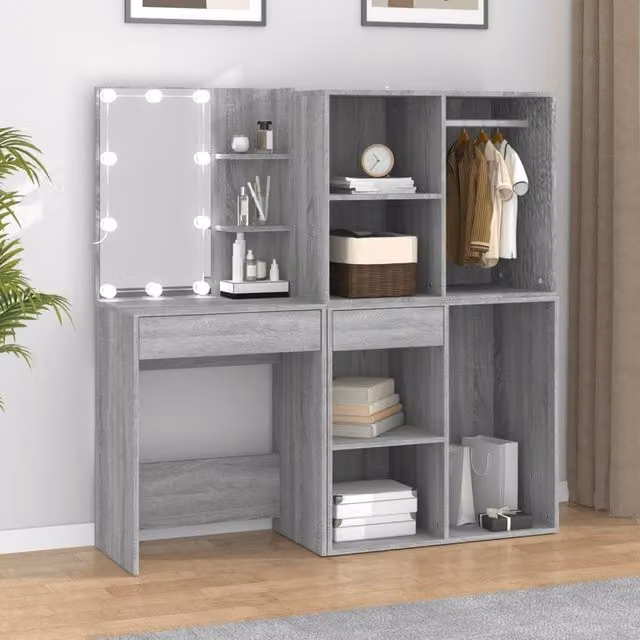 Berkfield Home Hollywood LED Dressing Table with Cabinets in Grey Sonoma Matt MDF – 1