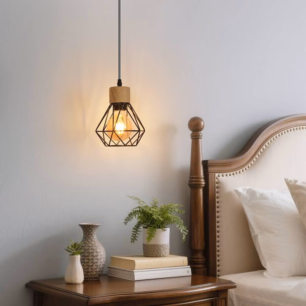 Goeco Industrial Retro Pendant Light in Black Metal and Wood with Adjustable Height and E27 Socket – 3