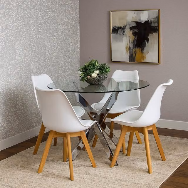 Kosy Koala Modern Round Glass Dining Table and White Leather Chairs Set