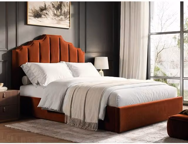 Flair Orange Velvet Upholstered Ottoman Bed with Lift Up Base, W: 140 cm, L: 200 cm