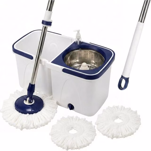 Nordara 360 Degree Magic Spin Mop and Bucket Set with Microfibre Heads and Wringer in White