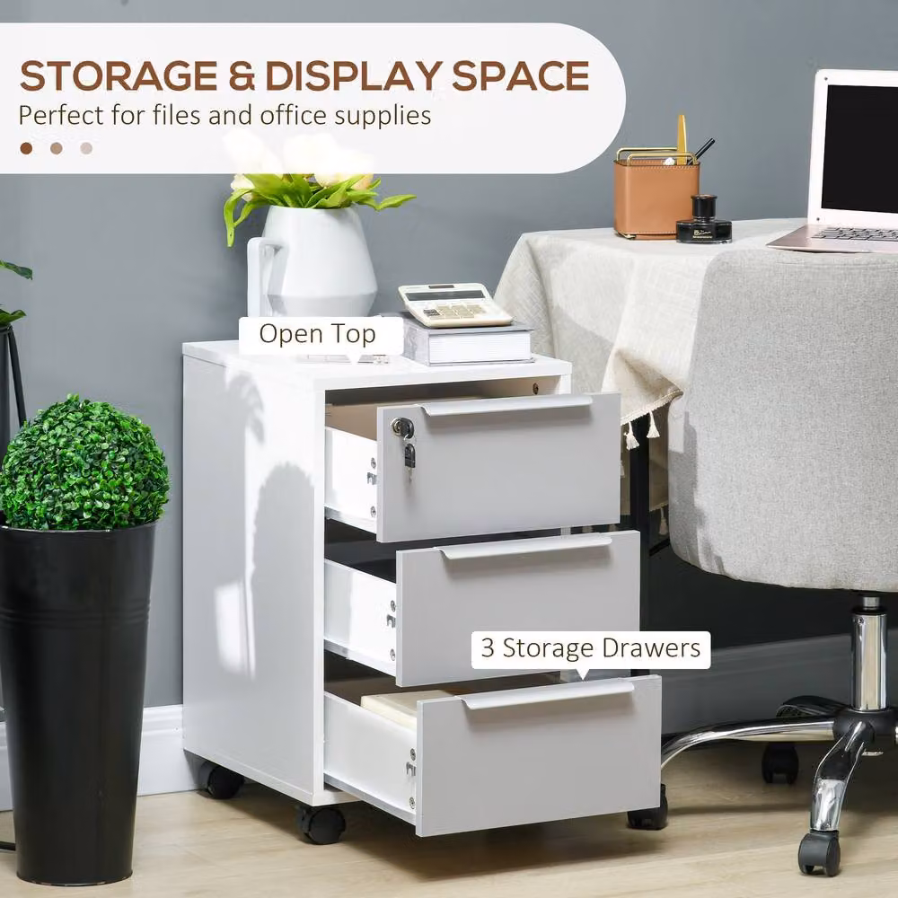 HOMCOM 3-Drawer Locking Mobile File Cabinet and Side Table in Grey – 2