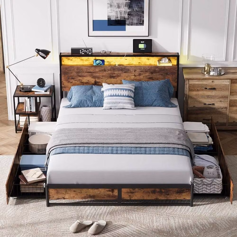 PAWNORA Double Bed Frame with LED Under-Bed Lighting in Brown – 6