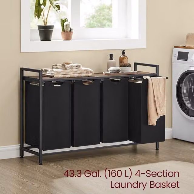 The Bazaarist 4-Section Laundry Sorter Hamper with Removable Bags and Storage Compartment System in Rustic Brown and Black
