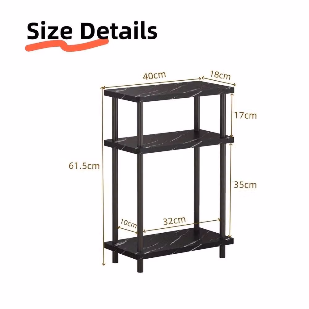 VOGREX Black Marble 3-Tier Narrow Storage Side Bedside Table, W/D/H: 40.0 x 61.5 x 40.0 cm – 2