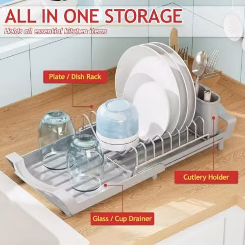 Spares2go Expandable Stainless Steel Dish Drainer with Cutlery Holder, Grey, W/D/H: 20.0 x 20.0 x 12.0 cm – 2