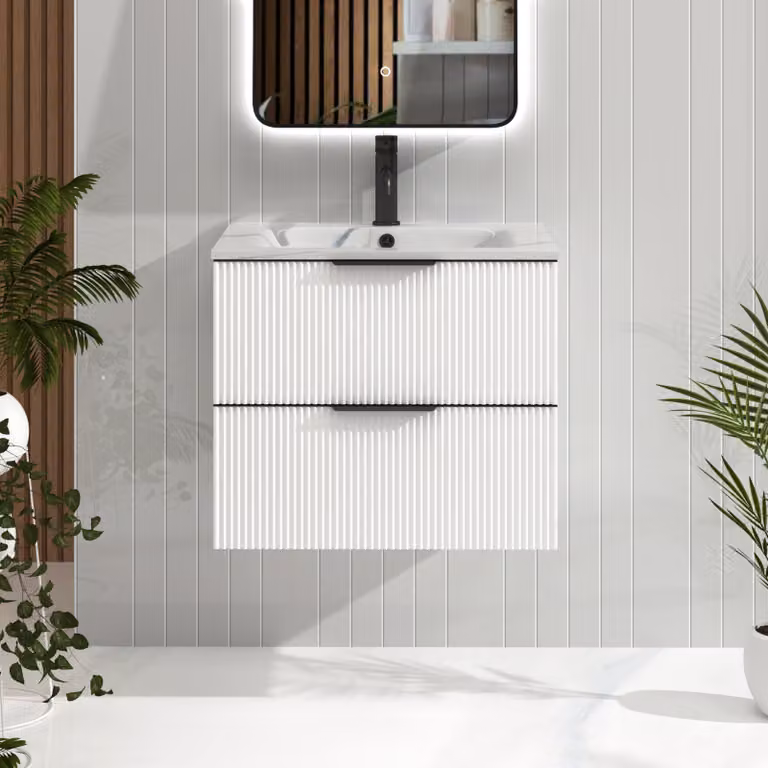 Royal Bathrooms Evora 600mm Matt White Fluted Wall Hung 2 Drawer Vanity Unit with Carrara White Basin and Matt Black Handles
