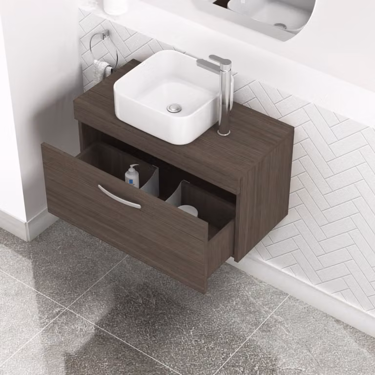 Royal Bathrooms Turin Grey Elm 1-Drawer Wall Hung Unit and White Soft Square Ceramic Countertop Basin