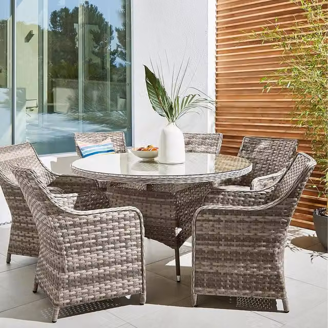 Signature Homes and Gardens SHG Tintagel 6 Seat Round Grey Rattan Dining Table Set with Glass Top and Powder Coated Aluminium Frame