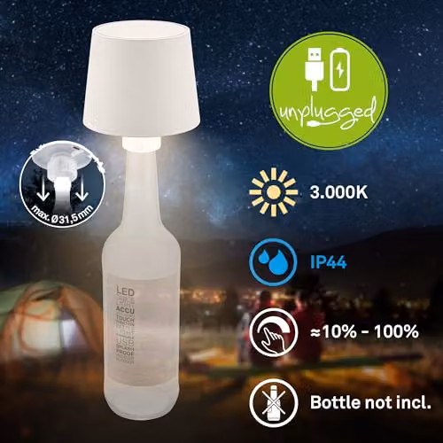 Briloner Rechargeable LED Bottle Lamp in White, Dimmable Touch Control, Warm White Light, W/D/H: 10.5 x 10.5 x 11.5 cm – 2