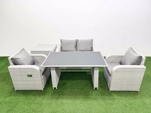 Fimous 4-Seater Outdoor Rattan Garden Dining Set with Side Table in Light Grey