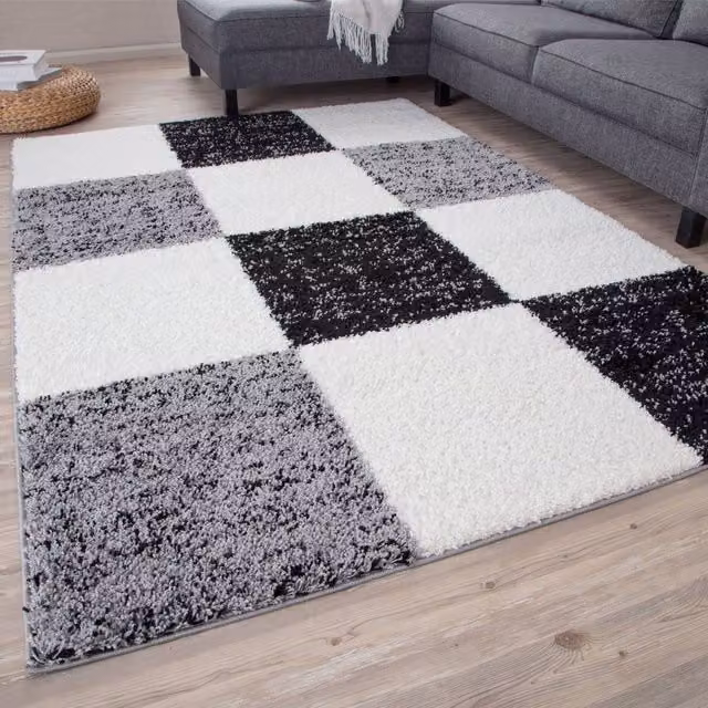 THE RUGS Soft Check High Pile Shaggy Rug in Grey, W/D: 240 x 340 cm – 1