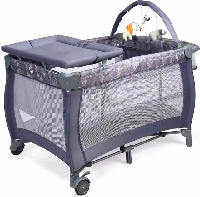 Costway Portable Baby Cot Bed with Changing Table, Playpen and Storage Shelves in Grey