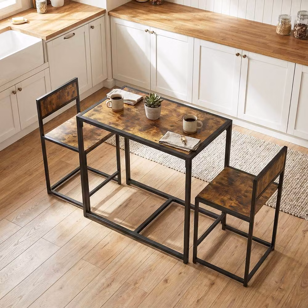STILVORA Table and 2 Stools Set with Steel Frame in Rustic Dark Brown – 8