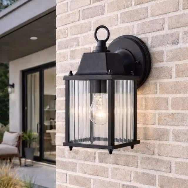 CGC Interiors Santiago Mini Black Coach Lantern Wall Light with Ribbed Glass