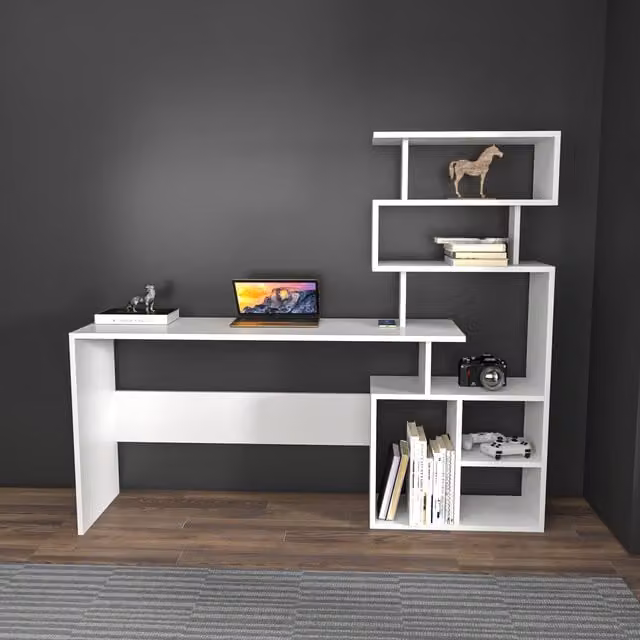 Decorotika Next Modern Computer and Study Desk with Shelving Unit in White – 1