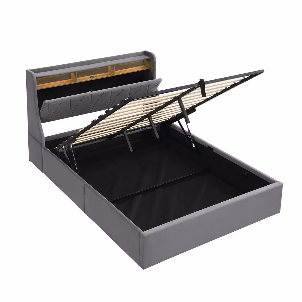 BTM Grey Velvet Ottoman Bed with LED Lighting and USB Charging Port, W/D/H: 140 x 190 x 60.9 cm – 6