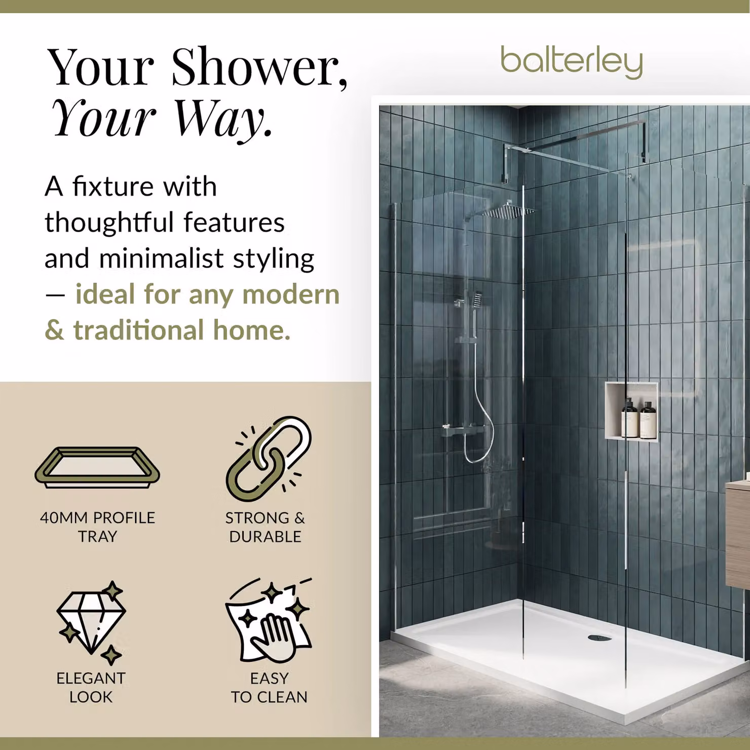 Balterley Walk-in Wetroom Glass Screen and Tray, Clear 8mm Glass with Silver Chrome Profile, W: 140 cm, D: 80 cm – 2