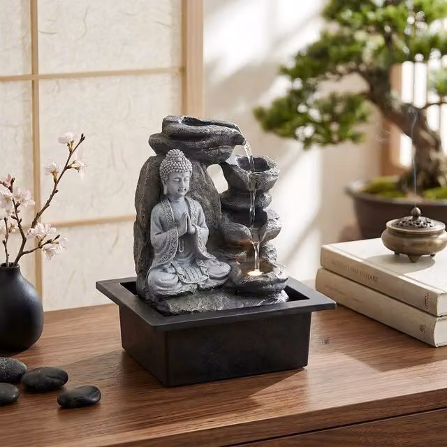 EONLION Black and Grey Buddha Statue Tabletop Water Fountain with LED Light
