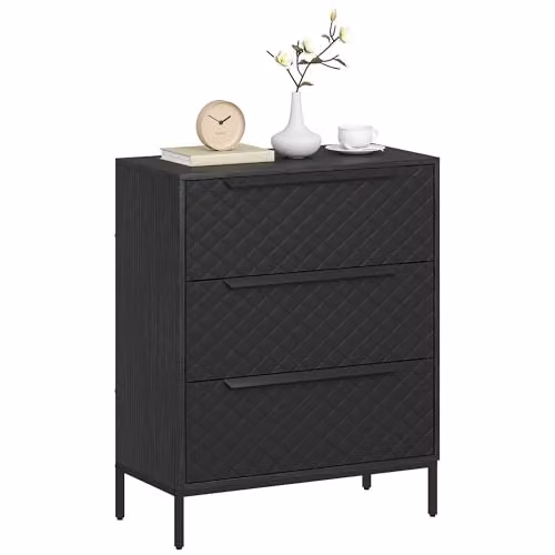 HOMCOM Modern Black Chest of Drawers with 3 Fabric Drawers and Metal Handles, H: 73.5 cm, W: 59.5 cm, D: 30 cm – 1