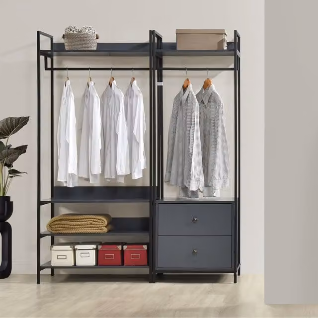 Swish Furniture Alva Pair of Double Open Wardrobes in Dark Grey Oak and Black Metal with 2 Drawers and 4 Shelves