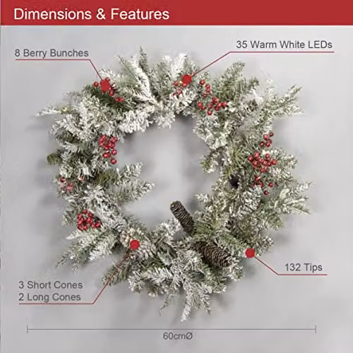 The Christmas Workshop 71239 Premium Pre-Lit Christmas Wreath with Warm White LEDs, Pinecones and Berries, Green, Diameter: 60 cm – 2
