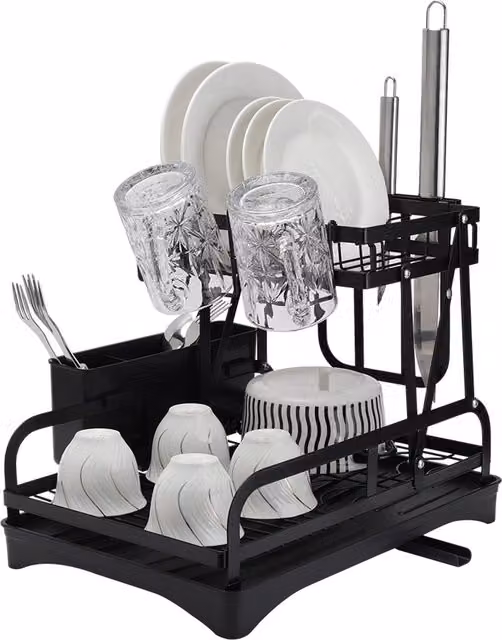 Livingandhome 2-Tier Black Coated Steel Dish Drainer with Drip Tray, Cup Holder and Cutlery Holder