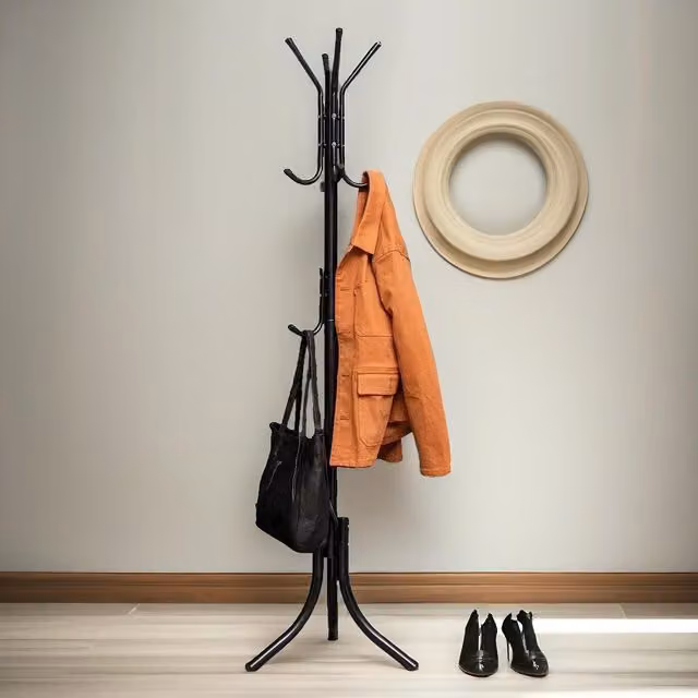 Pirlo Plush Modern Metal Coat Stand with 12 Hooks in Matt Black – 1