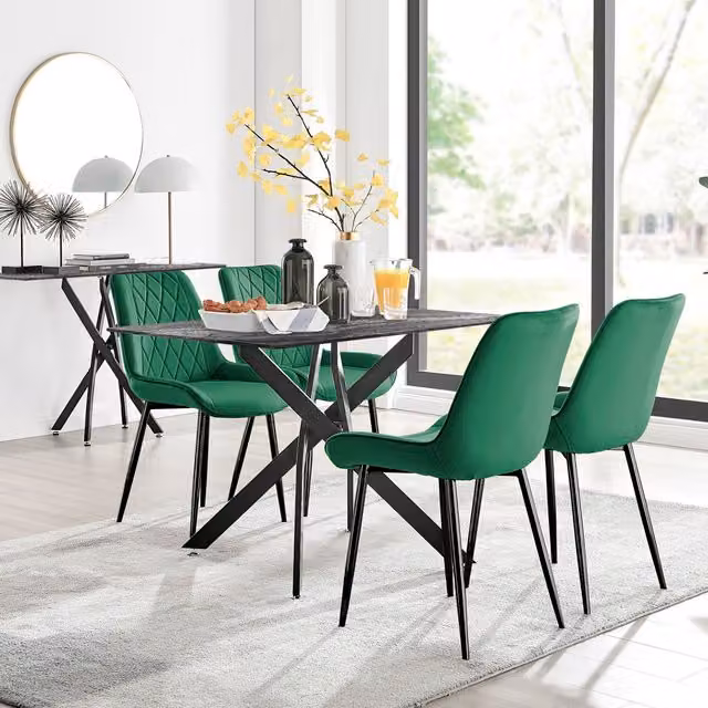 FurnitureboxUK Leonardo Grey Glass Marble Effect Rectangular Dining Table and 4 Pesaro Black Leg Chairs in Green