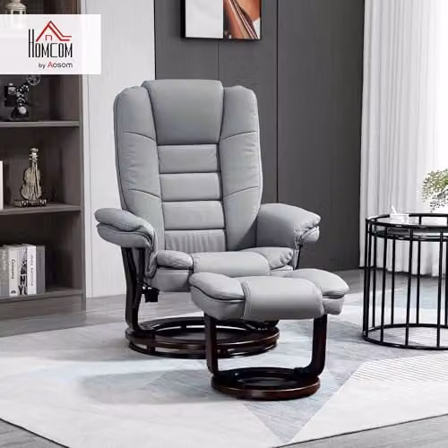 HOMCOM Grey Recliner Chair with Matching Footstool, 135 Degree Swivel Relax Chair in Synthetic Leather – 2