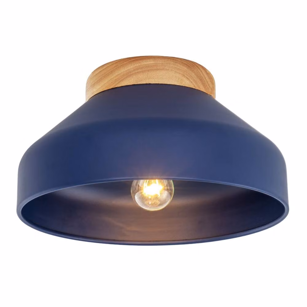Happy Homewares Scandinavian Designed Semi Flush Ceiling Light Fitting in Blue and Wood, W/D/H: 30 x 30 x 18 cm – 2