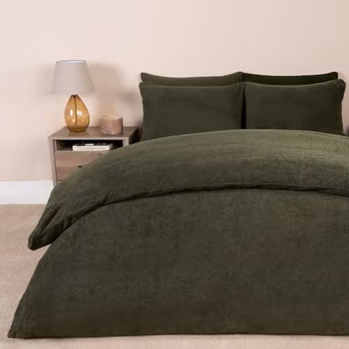 OHS Thermal Soft Teddy Fleece Duvet Cover and Pillowcase Set, Green, Double (Duvet Cover: 200 x 200 cm, Pillowcase: 50 x 75 cm)