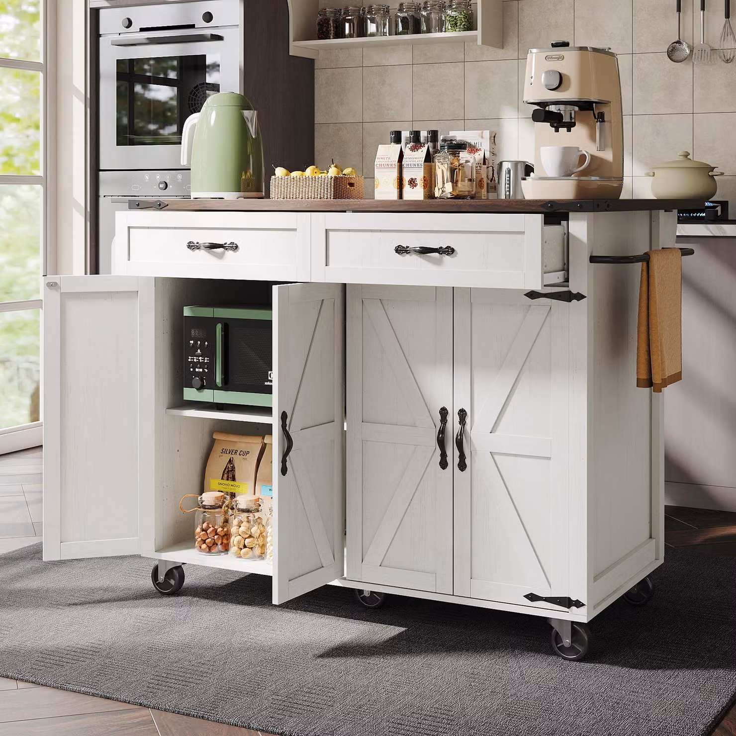 Aosom.UK Farmhouse Style Kitchen Island Trolley with Adjustable Shelf, White, W: 73 cm, D: 73 cm, H: 90.5 cm – 5