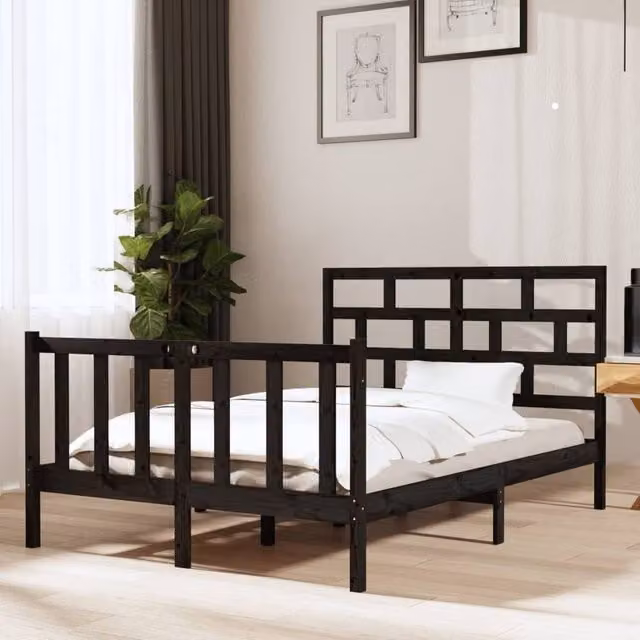 Berkfield Home Black Solid Wood Pine Double Bed Frame W: 135 cm, L: 190 cm – 1