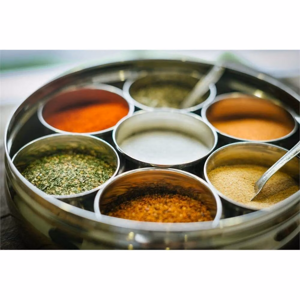 VOGREX 9-Piece Authentic Indian Stainless Steel Masala Dabba Spice Box in Silver, Diameter: 17 cm – 3