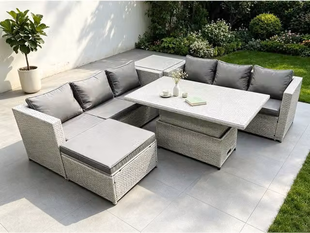 Fimous Rattan Garden Furniture Set in Grey with 3-Seater Sofa, Coffee Table and Ottoman