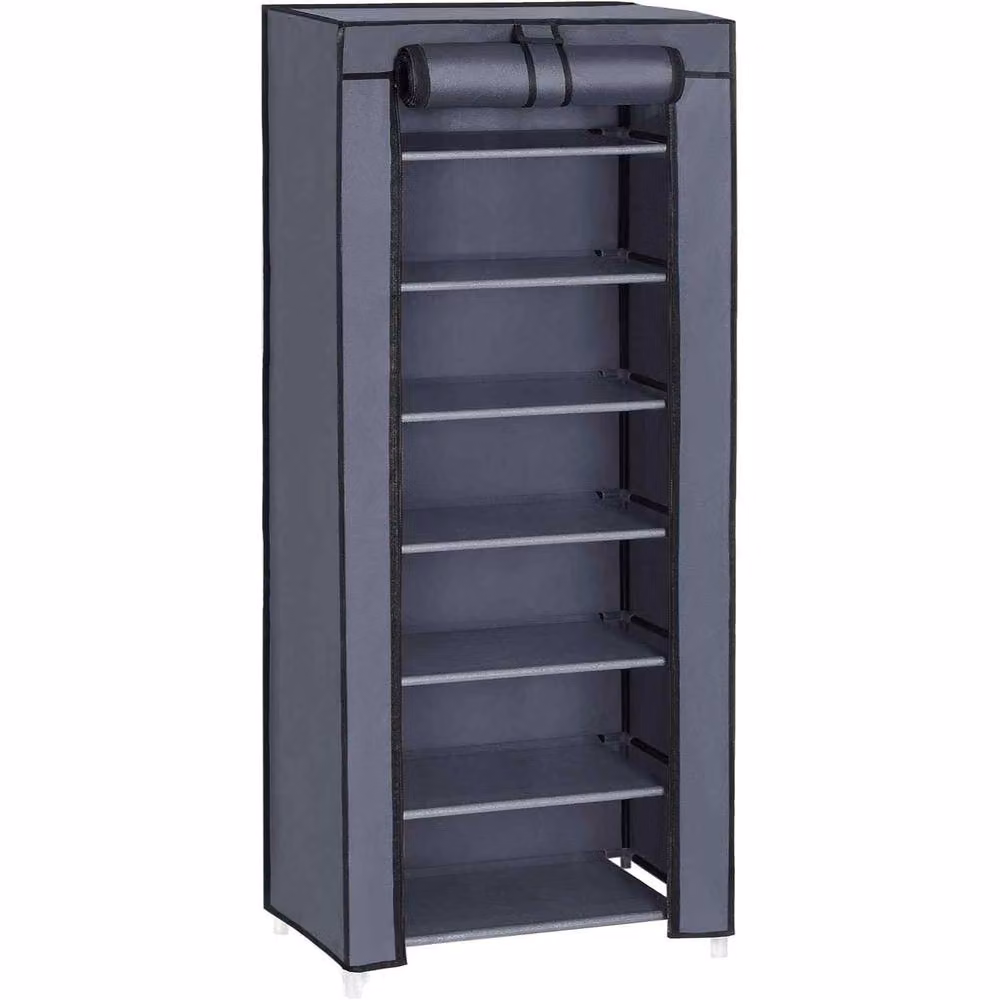 The Bazaarist 7 Tier Grey Fabric Shoe Cabinet with Metal Frame and Roll Shutter Cover – 2