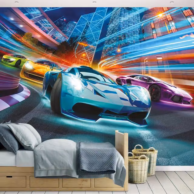 Walltastic Supercar Racers Wall Mural in Multicolour and Blue, W: 304.8 cm, H: 243.84 cm