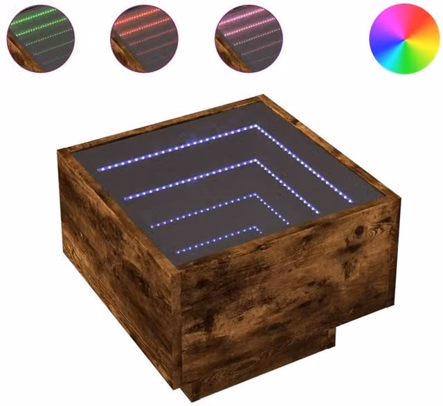 Berkfield Home Bedside Table in Smoked Oak Brown with Infinity LED Lighting and Mirror Top, W/D/H: 40 x 40 x 30 cm