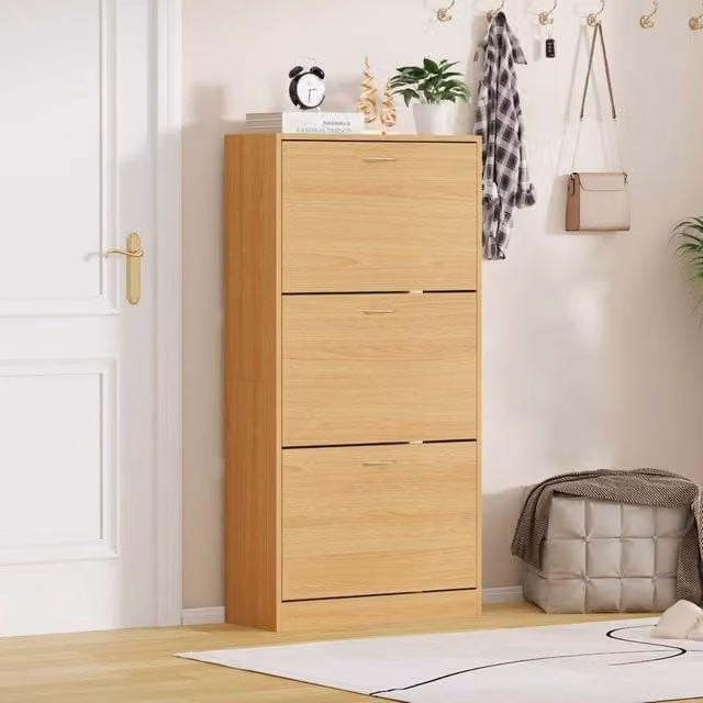 FORGEVIO 3 Drawer Brown Shoe Cabinet with Tilting Compartments and Modern Wood and Metal Design
