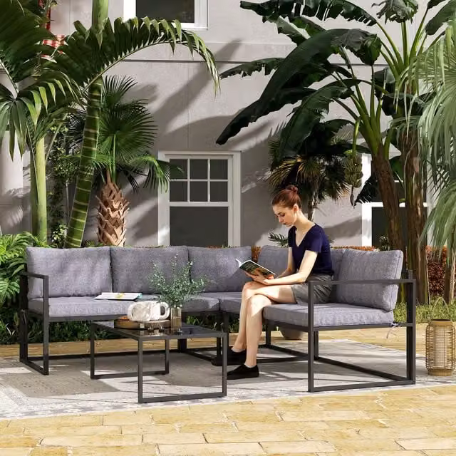 Outsunny 3 Piece L Shaped Modern Garden Furniture Set in Grey and Black