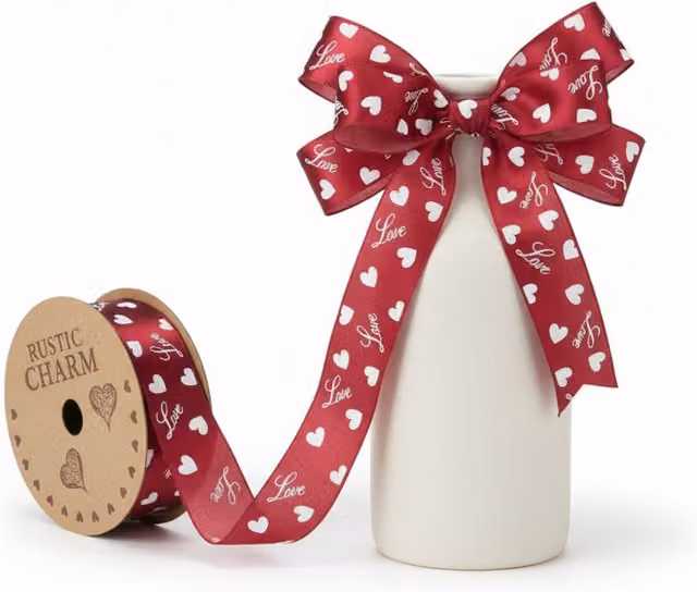 Kingsbury Gifts Red and White Heart Theme Satin Ribbon, 10m x 2.5cm