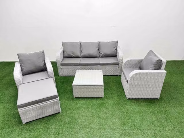 Fimous PE Rattan Garden Furniture Set in Light Grey with 3-Seater Sofa, Reclining Armchair, Ottoman, Coffee Table and Weather-Resistant Cushions