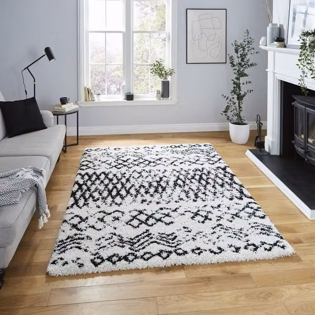 Terrys Scandi Berber Moroccan Style Rectangular Rug in White and Black, W: 170 cm, D: 120 cm
