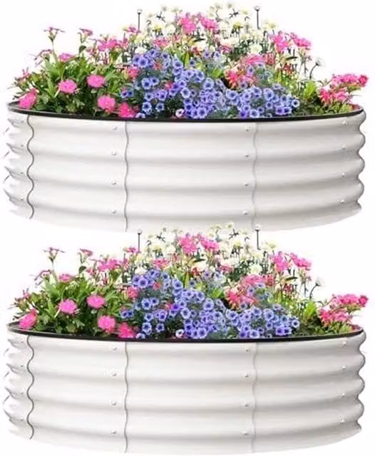 VOGREX 2-Piece Round Galvanised Steel Raised Garden Beds in White