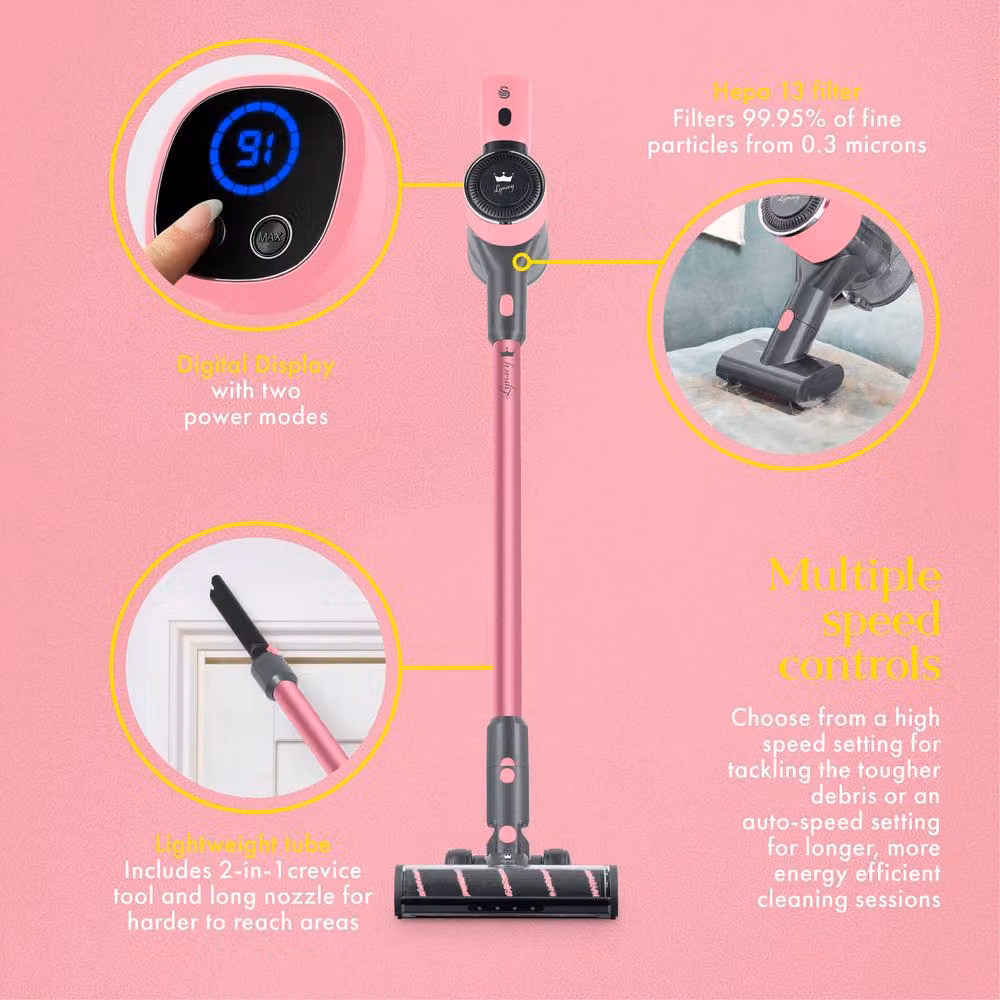 Swan Lynsey Queen of Clean 22.2V Bagless Cordless Vacuum Cleaner in Pink with Anti-Tangle Roller, LED Headlight and Wall Mount – 3