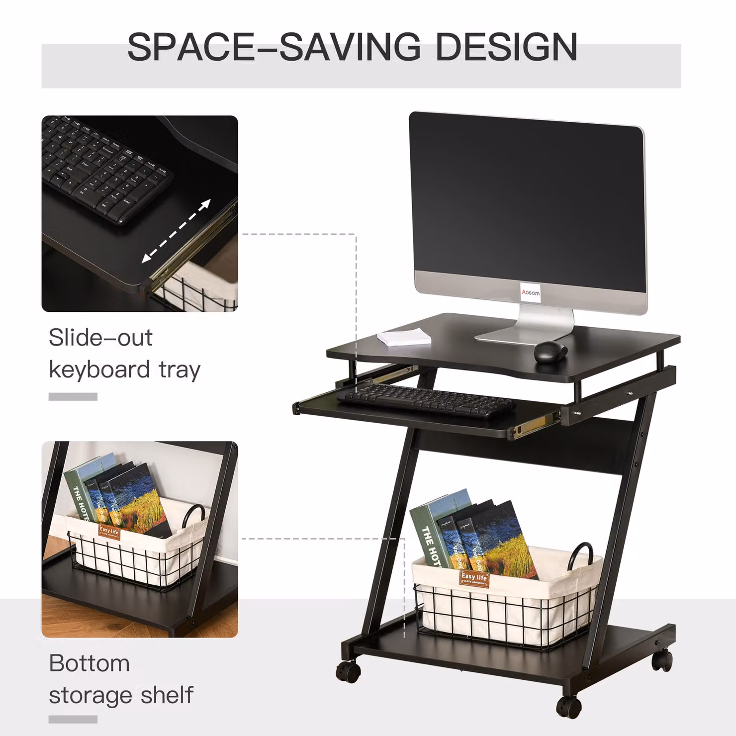 HOMCOM Compact Movable Computer Desk with Sliding Keyboard Tray and Castors, Black – 5
