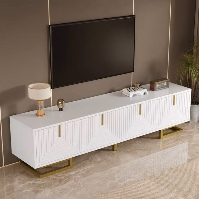 Merax Modern White TV Stand with 4 Geometric Textured Doors and Gold Legs, W: 160 cm, D: 44.5 cm, H: 44.5 cm