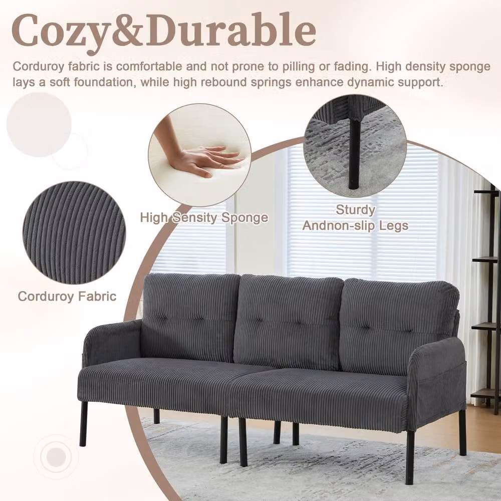 Direct Wicker Oversized Corduroy Loveseat in Grey with Side Pockets and Solid Wood Frame – 3