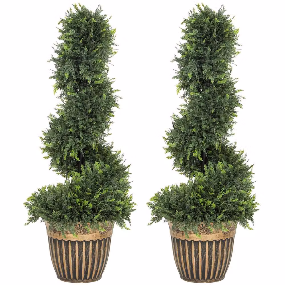 HOMCOM Set of 2 Green Artificial Spiral Cypress Topiary Trees with Pots, Height: 90 cm – 2